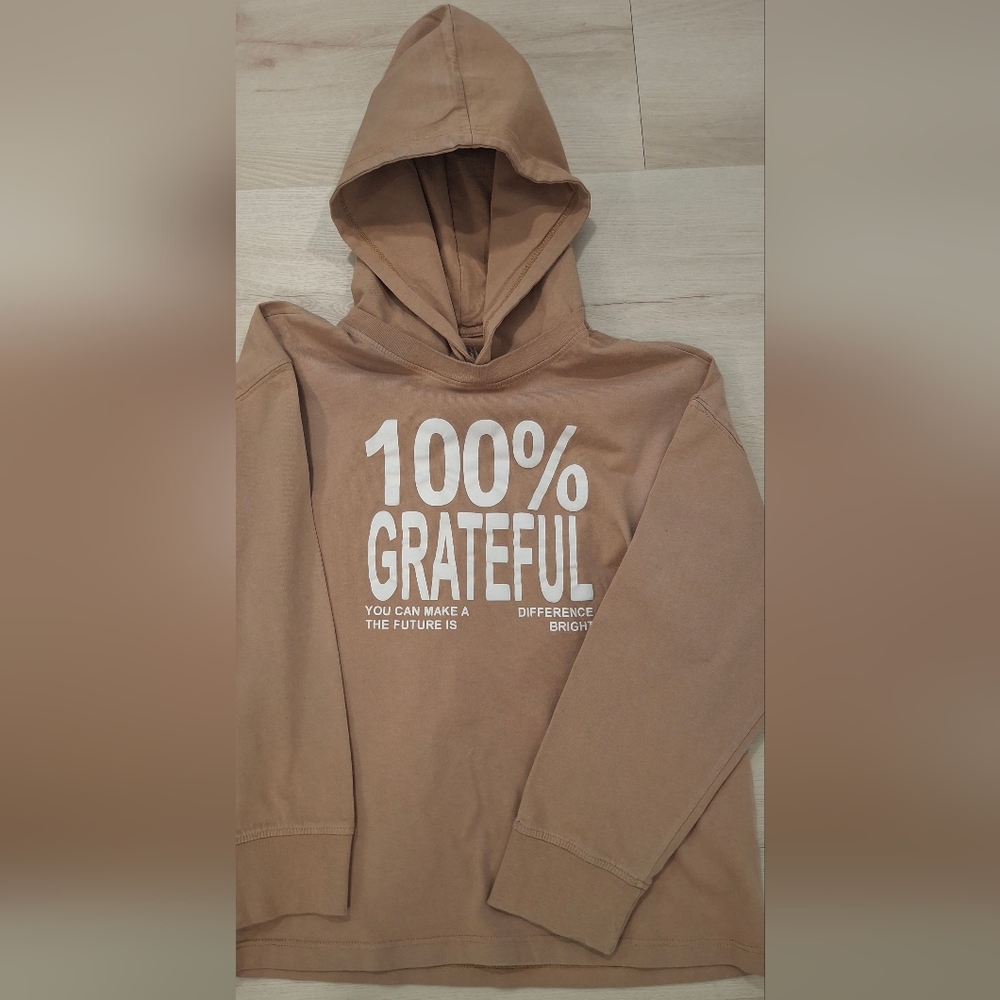 Boys Zara Tan Crewneck Hoodie with '100% GRATEFUL' Print